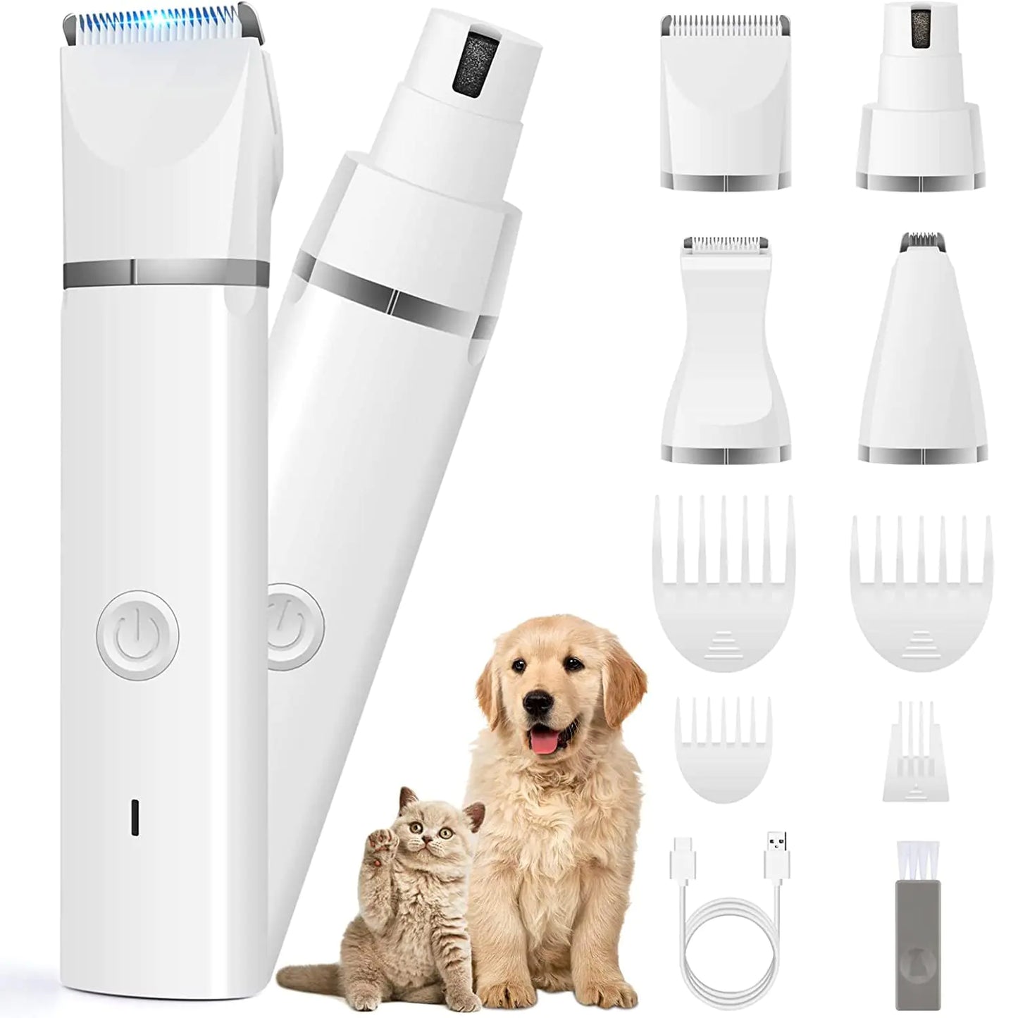 White all-in-one pet grooming set with multiple attachments for dogs and cats including clipper, trimmer, combs, USB charger, and brush
