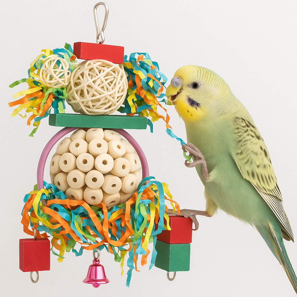 Colorful chew toy for small birds with wooden beads, shredded paper, and hanging bell attached to a small parakeet