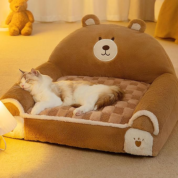 Cute plush dog bed shaped like a brown bear with soft cushion and a relaxed cat lying on it