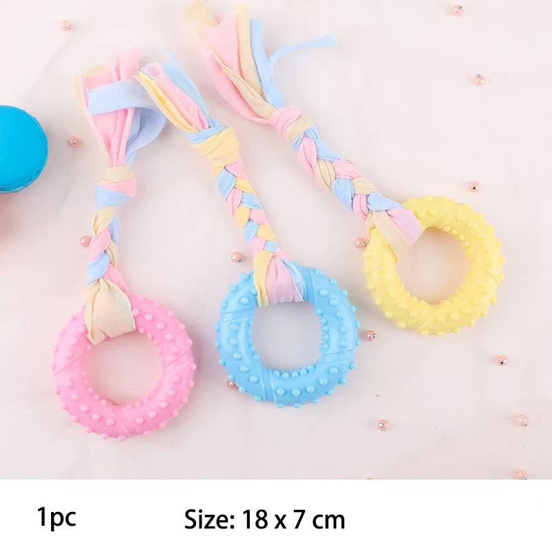 Snugll pets durable dog chew toys set with colorful braided ropes and textured rings in pink blue and yellow
