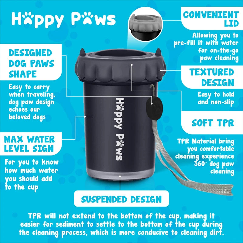 Happy Paws pet paw cleaner cup with textured design and convenient lid for easy on-the-go dog paw cleaning