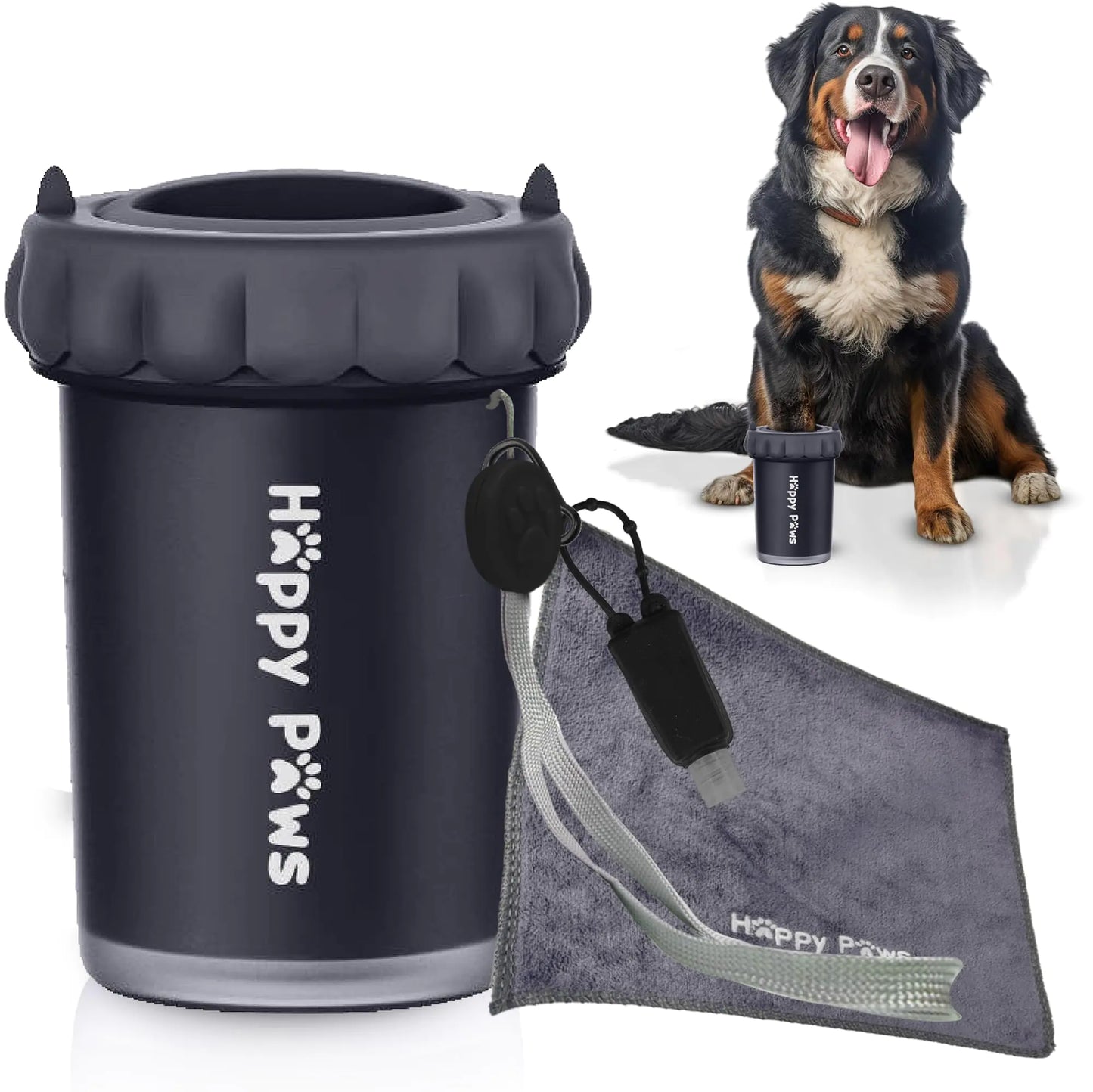 Black pet paw cleaner cup with soft silicone bristles and cleaning towel for pets