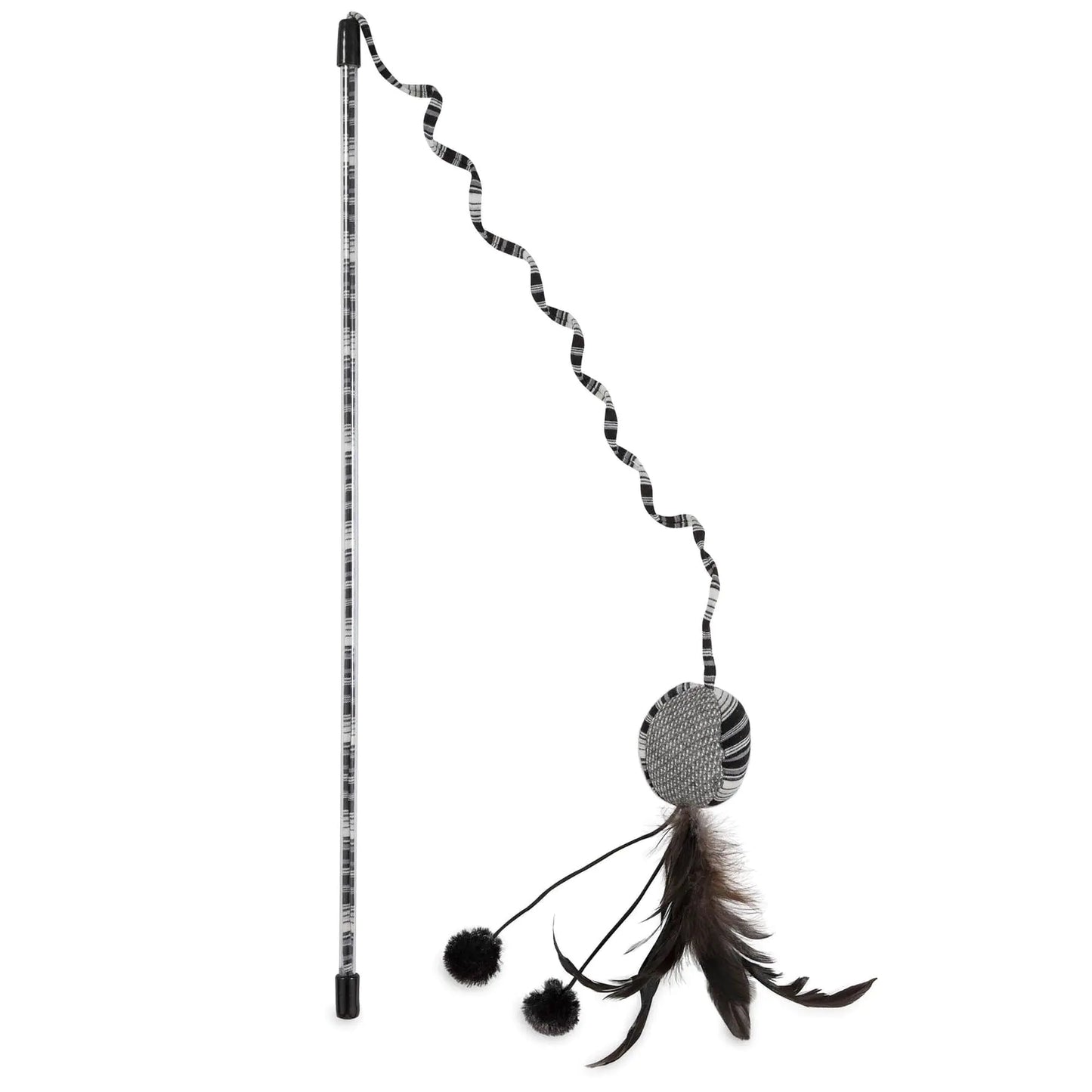 Snugll pets interactive cat wand toy with black and white striped rod and feathered toy attachment
