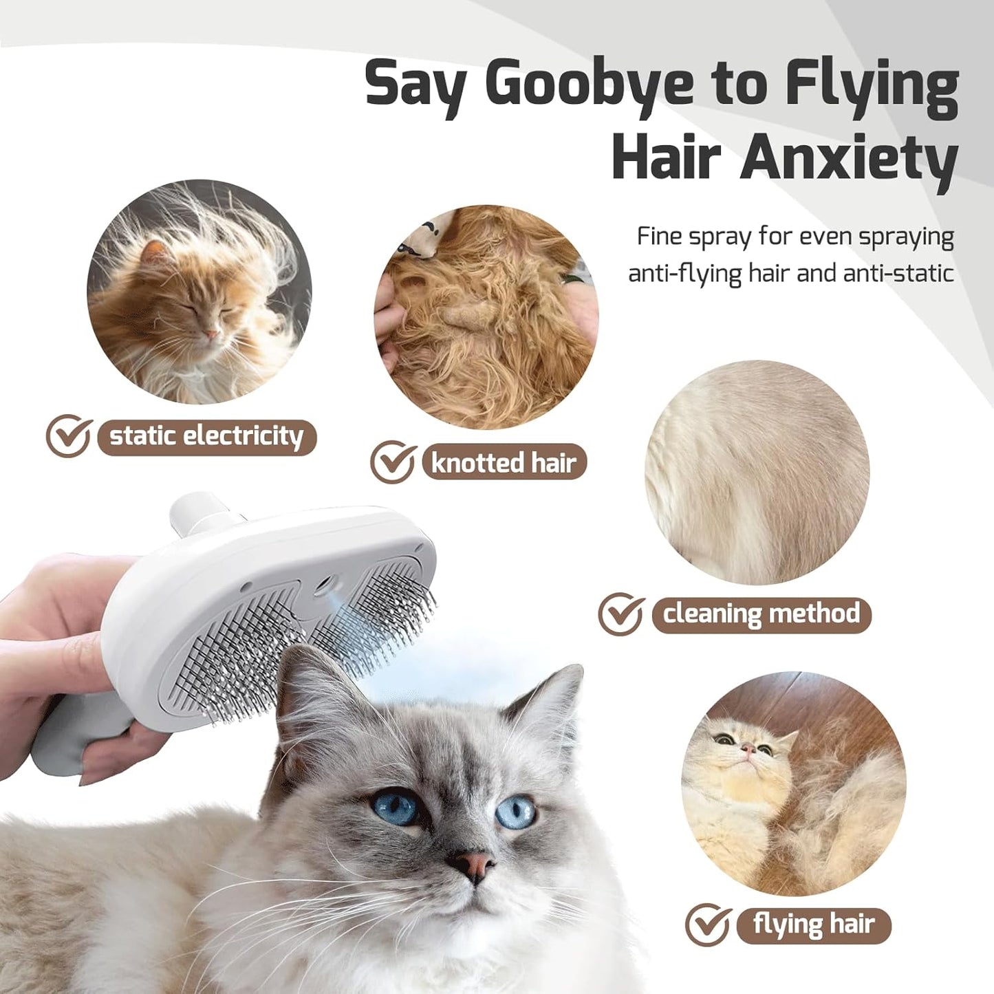 Pet grooming tool with steam used on fluffy cat to reduce flying hair and static electricity