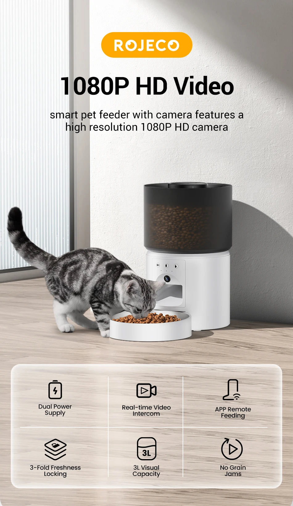 Snugll automatic dog feeder with camera showing a cat eating dry food from the bowl