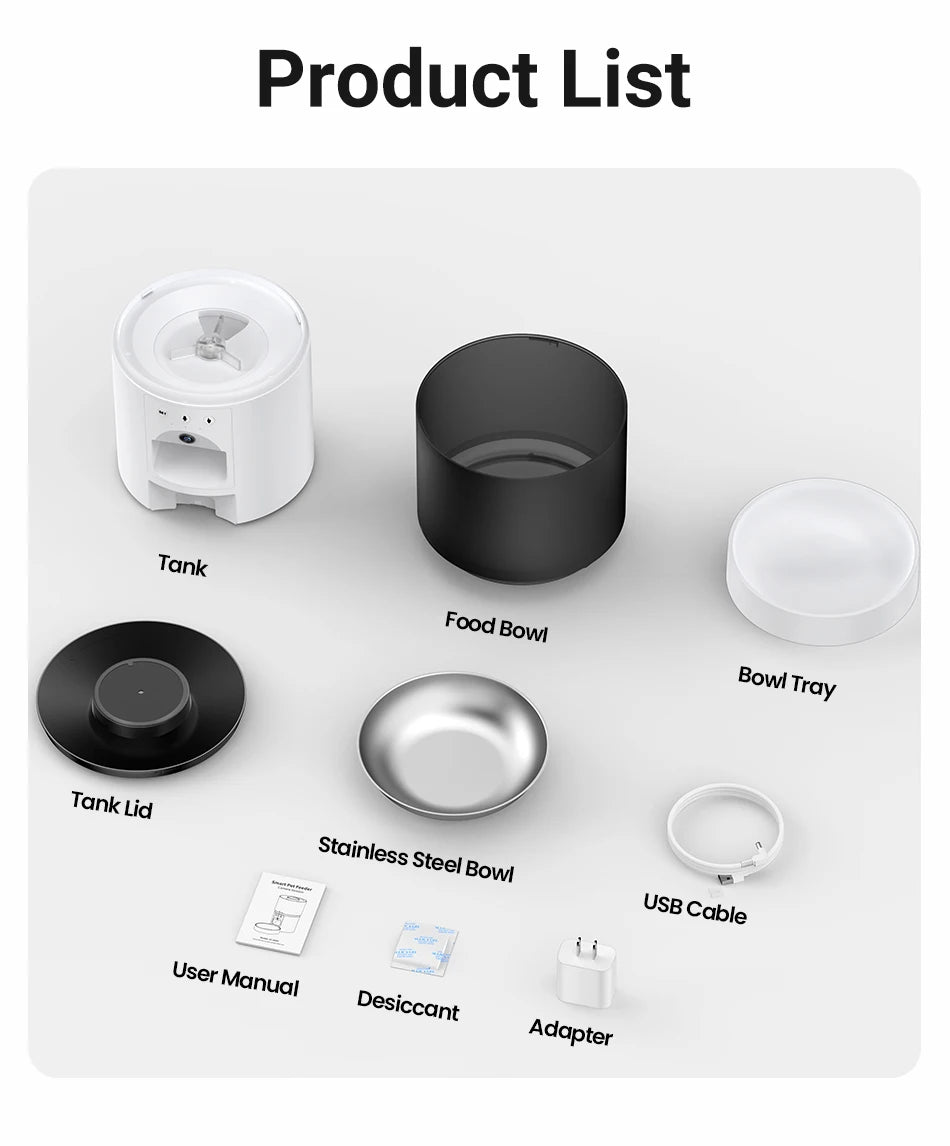Components of Snugll automatic dog feeder with camera including tank food bowl stainless steel bowl and accessories