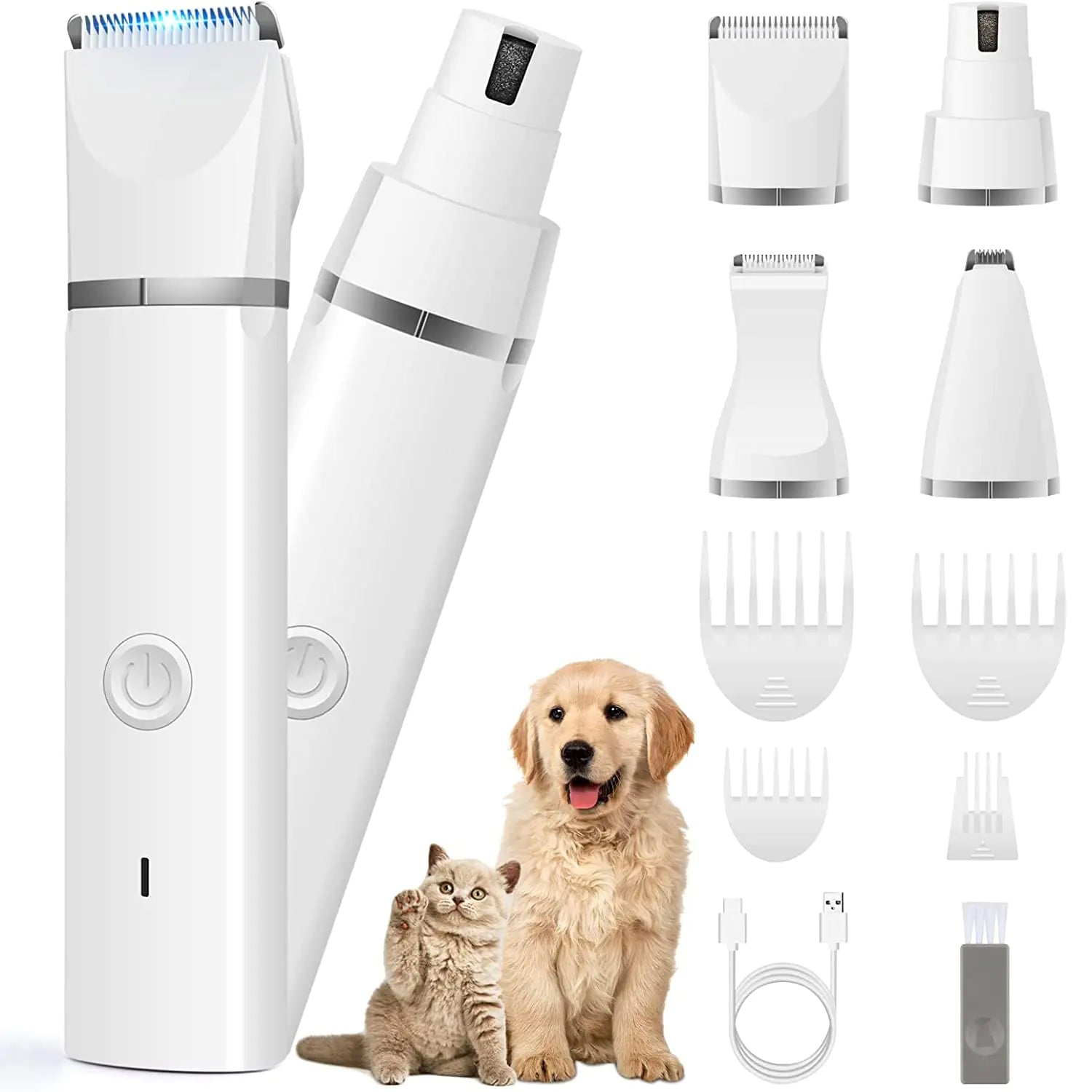 White all-in-one pet grooming set with multiple attachments for dogs and cats including clipper, trimmer, combs, USB charger, and brush