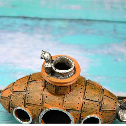 Snugll aquascaping submarine accessory with rustic orange and silver design for aquarium decoration