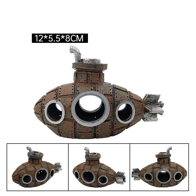Aquascaping submarine accessory in rustic brown with circular windows for aquarium decoration