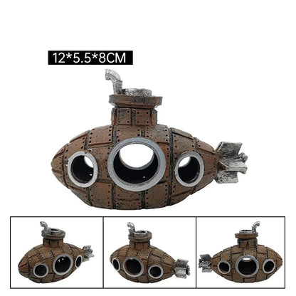 Aquascaping submarine accessory in rustic brown with circular windows for aquarium decoration