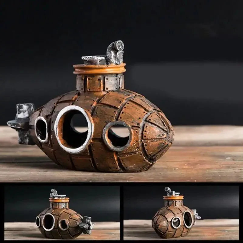 Snugll aquascaping submarine accessory in rustic brown with circular windows for aquarium decoration
