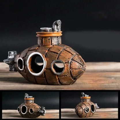 Snugll aquascaping submarine accessory in rustic brown with circular windows for aquarium decoration