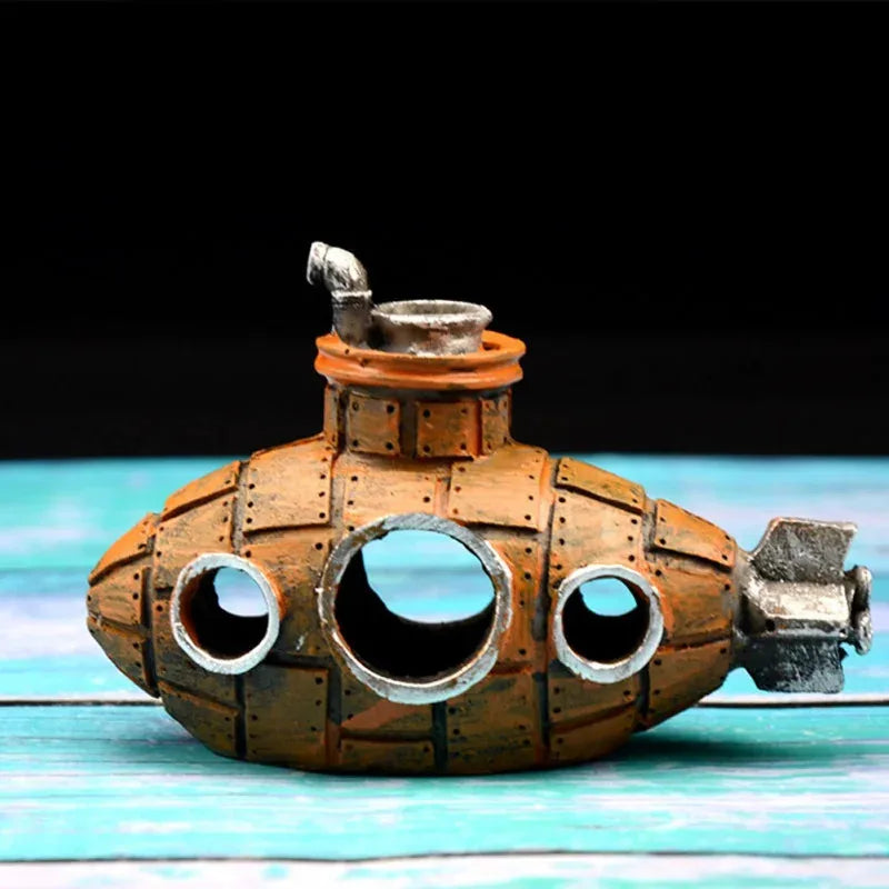 Snugll aquascaping submarine accessory in rusted metal design with round windows and propeller