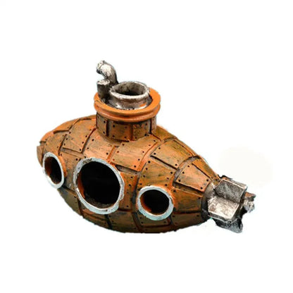 Snugll aquascaping submarine accessory in rustic metal design with circular windows for aquarium decoration