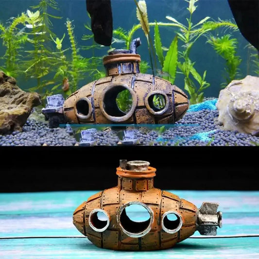 Snugll aquascaping submarine accessory for aquarium decoration with rustic design and multiple windows