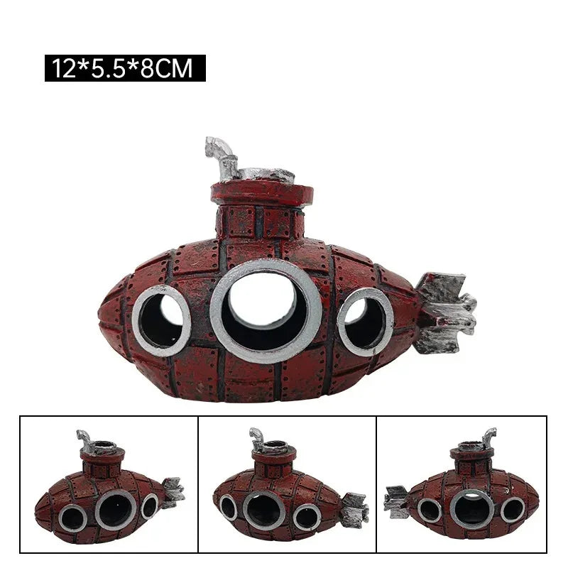 Snugll red decorative aquascaping submarine accessory with round windows for aquarium decoration