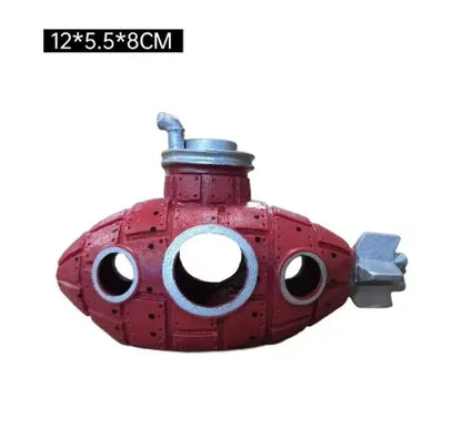 Snugll red aquascaping submarine accessory with round windows and chimney for aquarium decor
