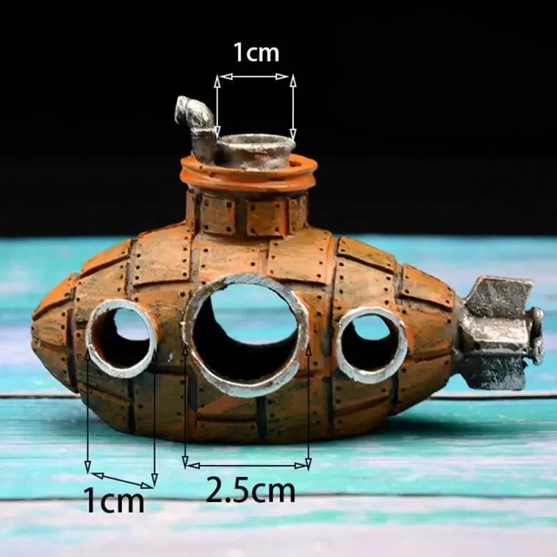 Snugll aquascaping submarine accessory in rustic brown with circular windows and propeller detail
