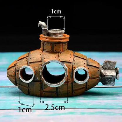 Snugll aquascaping submarine accessory in rustic brown with circular windows and propeller detail