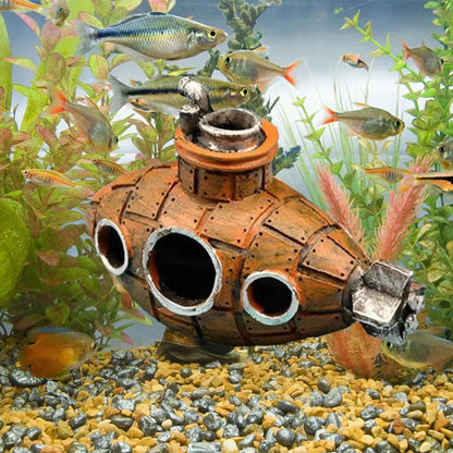 Snugll aquascaping submarine accessory in aquarium with fish and aquatic plants around