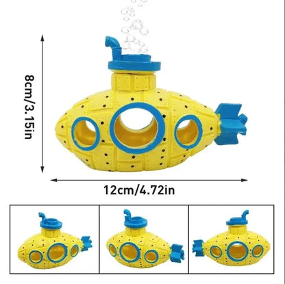 Yellow and blue aquascaping submarine accessory with bubble effect for aquarium decoration