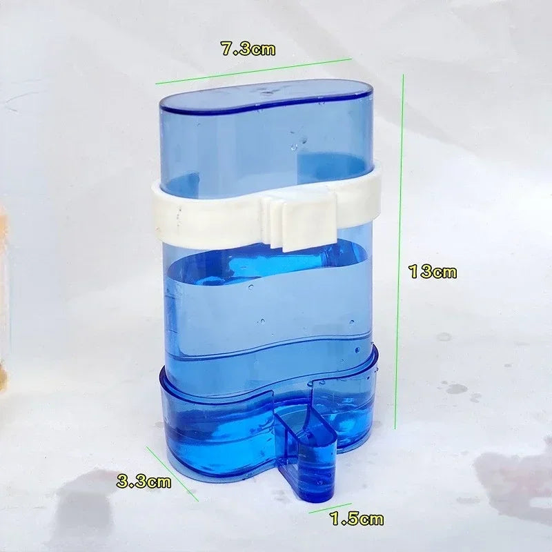Snugll blue transparent plastic automatic bird feeder with dimensions displayed on a white background