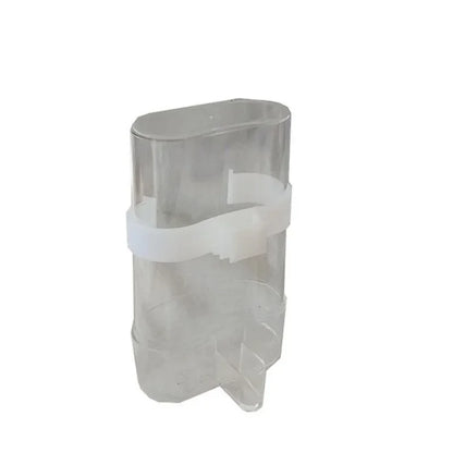 Clear plastic bird feeder attachment for automatic bird feeder with white mounting strap