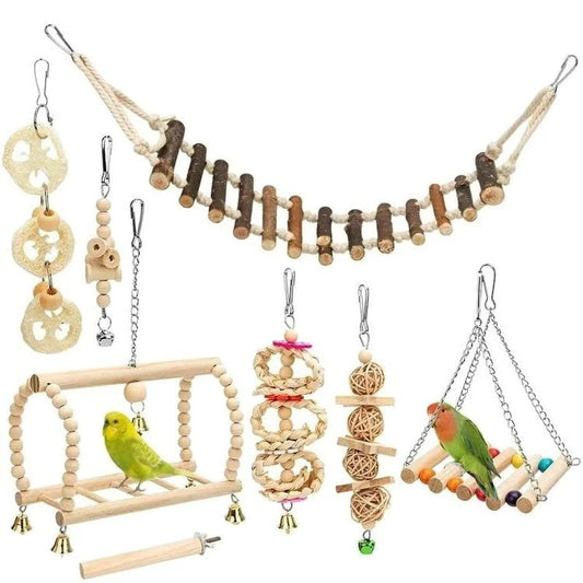 Snugll bird perch swing set for small birds with wooden swings, rope ladder, hanging toys, and colorful birds