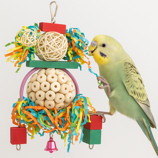 Colorful chew toy for small birds with wooden beads, shredded paper, and hanging bell attached to a small parakeet