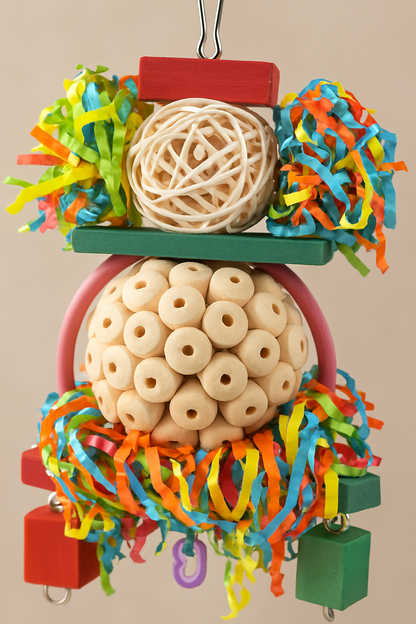 Snugll colorful chew toy for small birds with wooden beads, paper shreds, and woven ball hanging toy