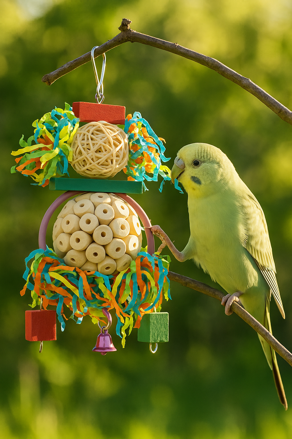 Colorful chew toy for small birds hanging on a branch with a small green bird interacting with it