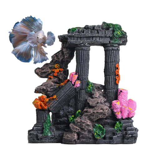 Snugll coral reef aquarium decoration featuring ancient ruins with colorful coral accents and a swimming fish