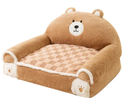 Cute plush dog bed shaped like a brown teddy bear with soft checkered cushion