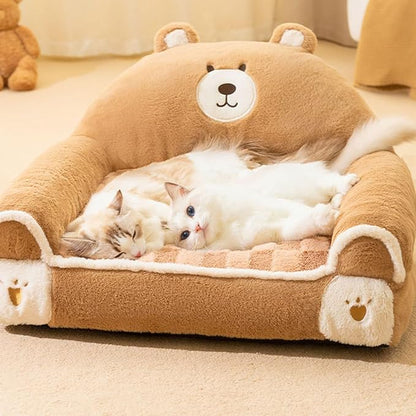 Cute plush dog bed shaped like a bear sofa with two white cats resting comfortably