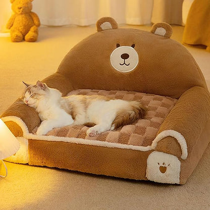 Cute plush dog bed shaped like a brown bear with soft cushion and a relaxed cat lying on it