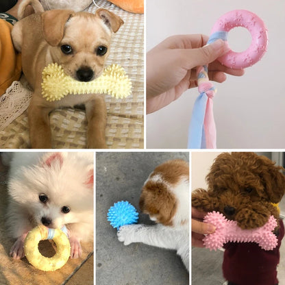 Durable dog chew toys from Snugll pets in various colors and shapes being used by different dogs