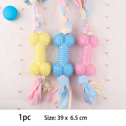 Snugll pets durable dog chew toys in yellow blue and pink with textured spiked bones and braided rope handles