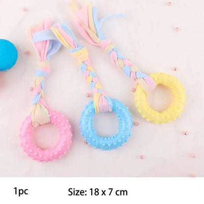Snugll pets durable dog chew toys set with colorful braided ropes and textured rings in pink blue and yellow