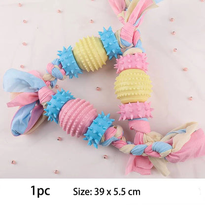 Snugll pets durable dog chew toys with colorful spiked rubber balls and knotted fabric ropes