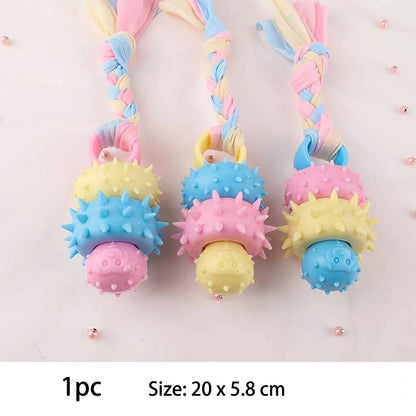 Snugll pets durable dog chew toys in pastel colors with braided rope and spiked rubber balls