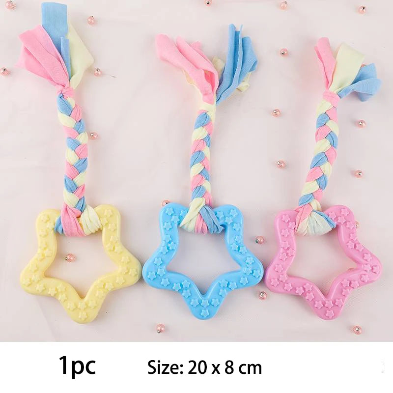 Snugll pets durable dog chew toys with star-shaped rubber and braided rope in pastel colors