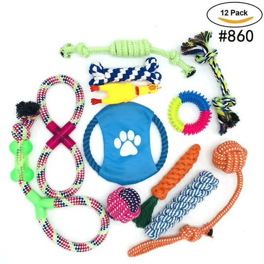 Snugll Pets 12 pack durable rope toys for dogs with various colors and shapes for chewing and playing