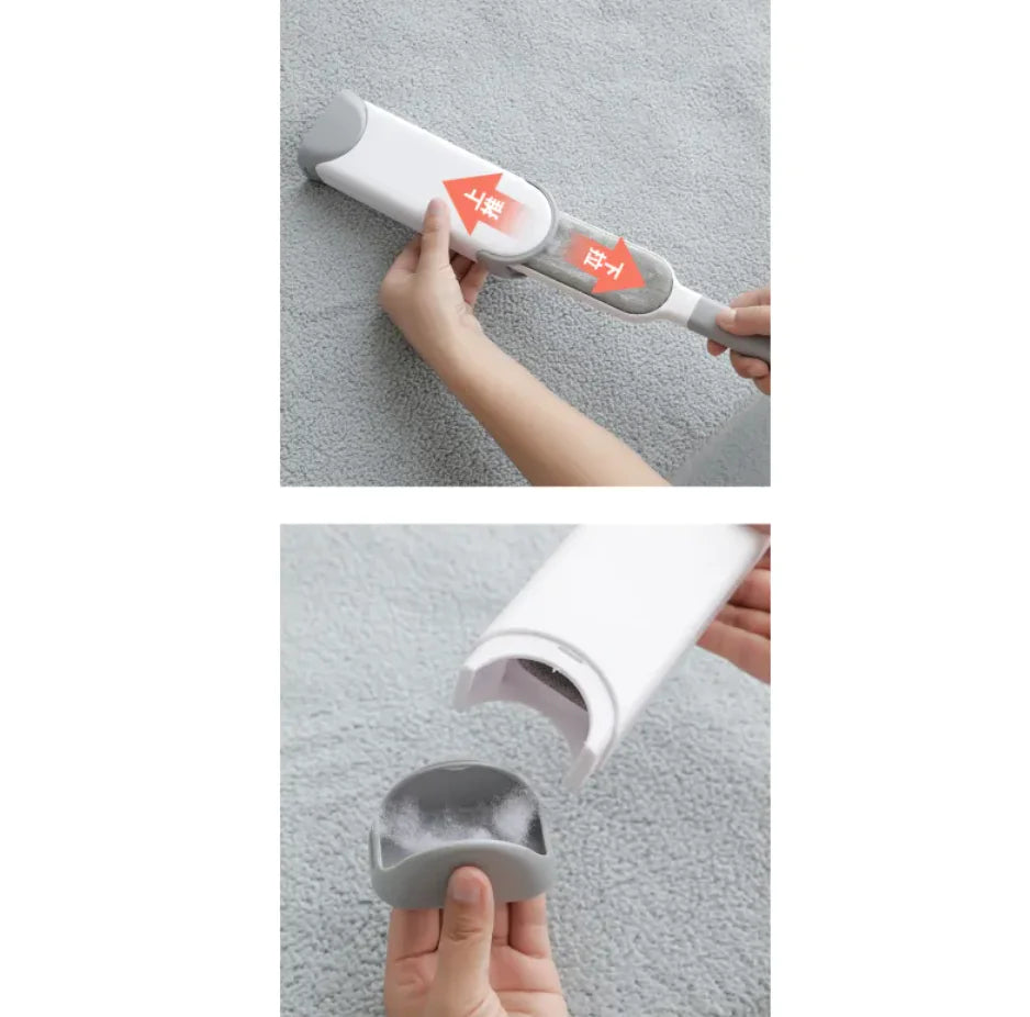 Snugll electrostatic pet hair remover in white removing pet hair from carpet with easy emptying feature