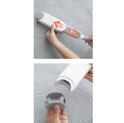 Snugll electrostatic pet hair remover in white removing pet hair from carpet with easy emptying feature