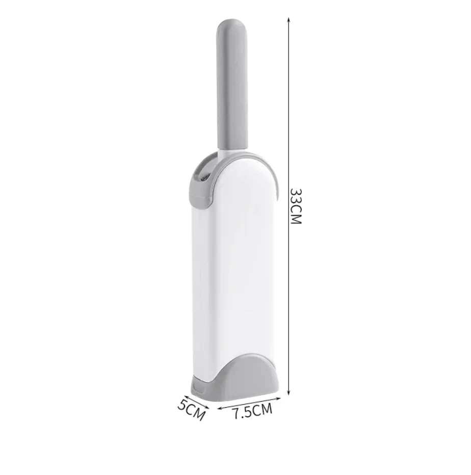 Snugll electrostatic pet hair remover with gray handle and white body showing dimensions