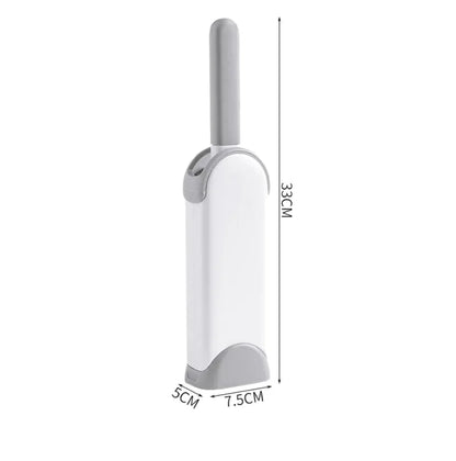 Snugll electrostatic pet hair remover with gray handle and white body showing dimensions