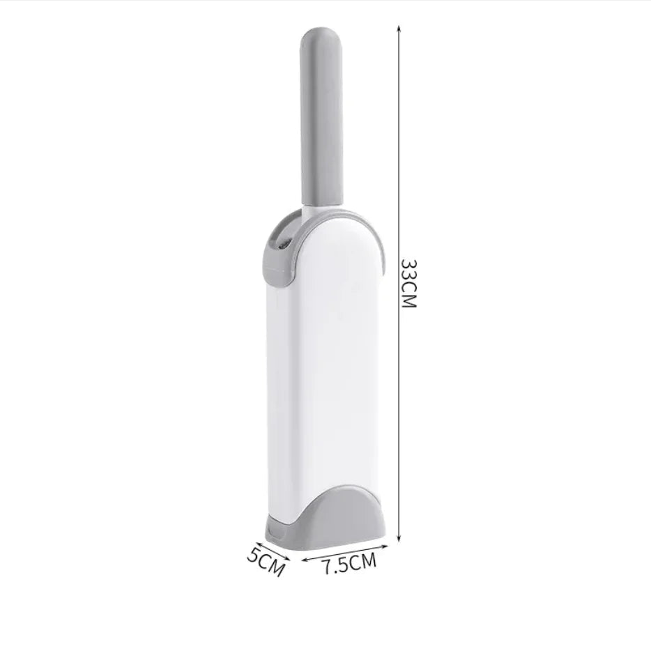 Snugll electrostatic pet hair remover with white and gray design showing handle and base dimensions