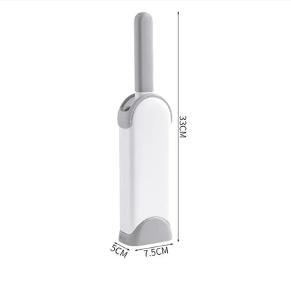 Snugll electrostatic pet hair remover with white and gray design showing handle and base dimensions