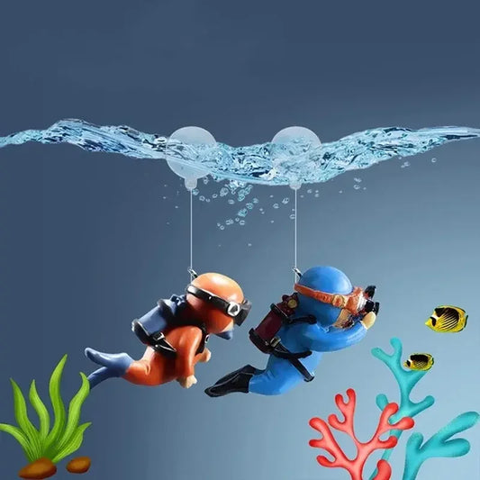 Snugll floating blue diver aquarium decor with two scuba divers and colorful coral for aquarium decoration