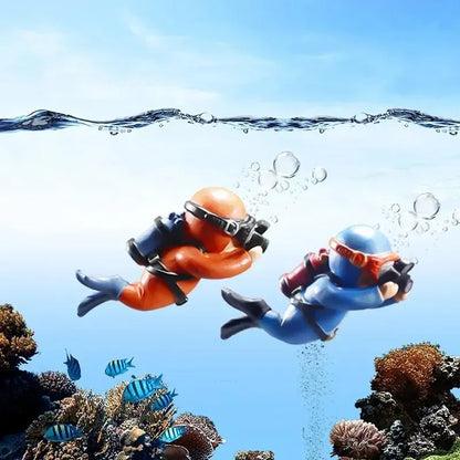 Snugll floating blue diver aquarium decor with two colorful divers and underwater coral reef scene